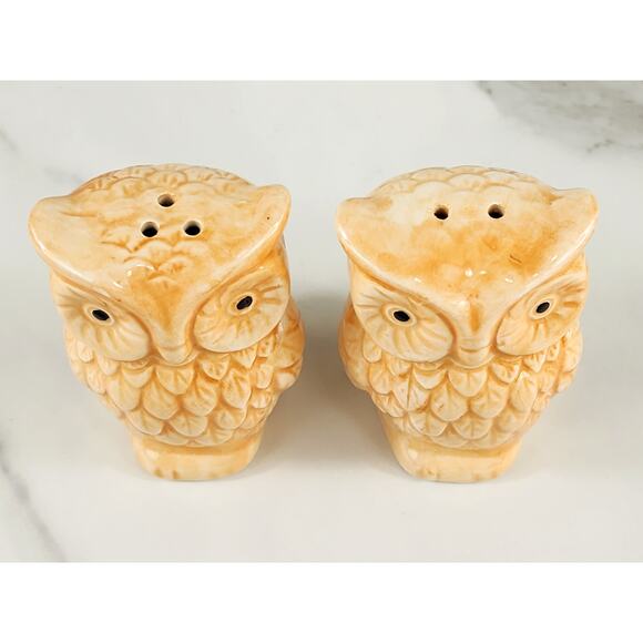 Owl Salt & Pepper Shakers 3 1/2" Ceramic Glazed 90s Tan Peach Home Decor Vintage - Picture 11 of 14